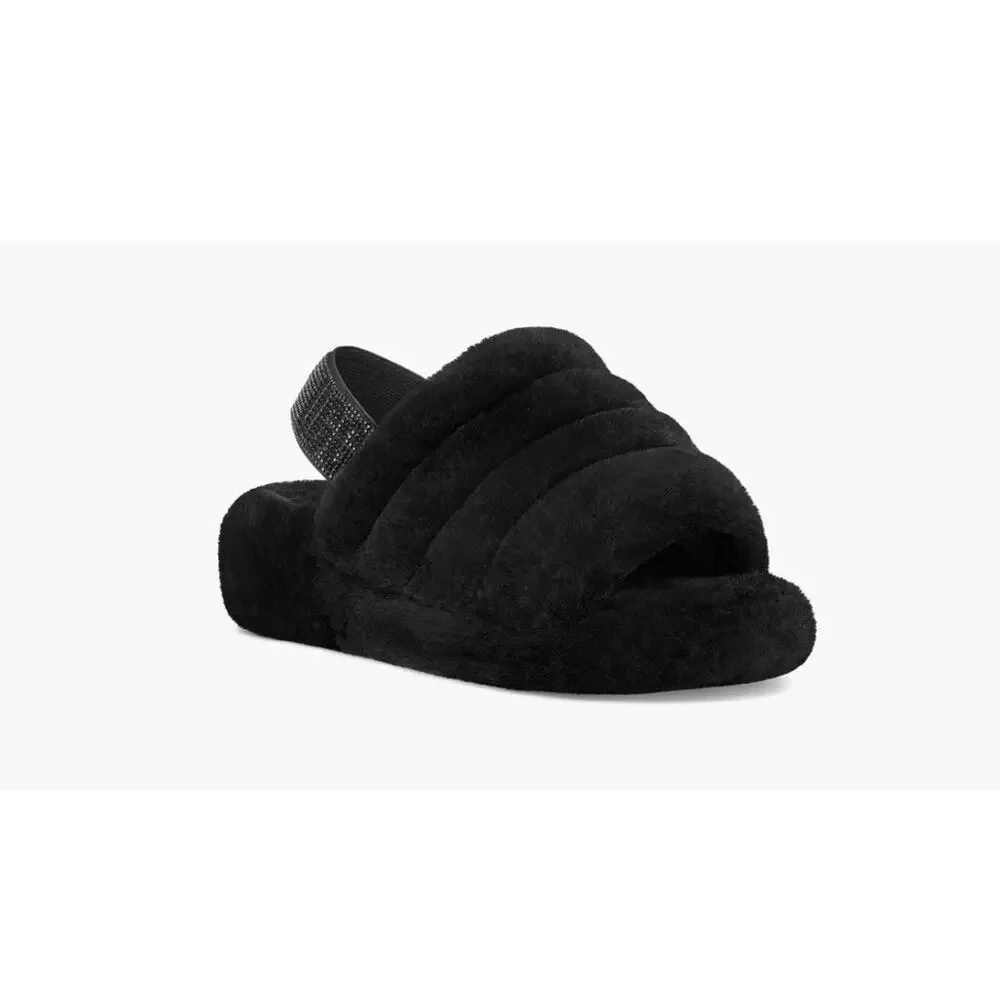 UGG Womens Fluff Yeah Rhinestone Crystal SlideBlack Slippers in Black Size 8 NEW